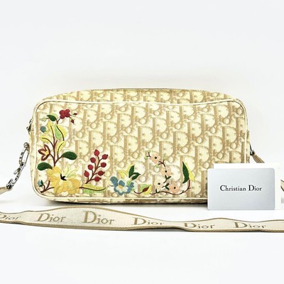 Dior Christian Shoulder Bag Trotter Embroidery Flower Ivory Beige