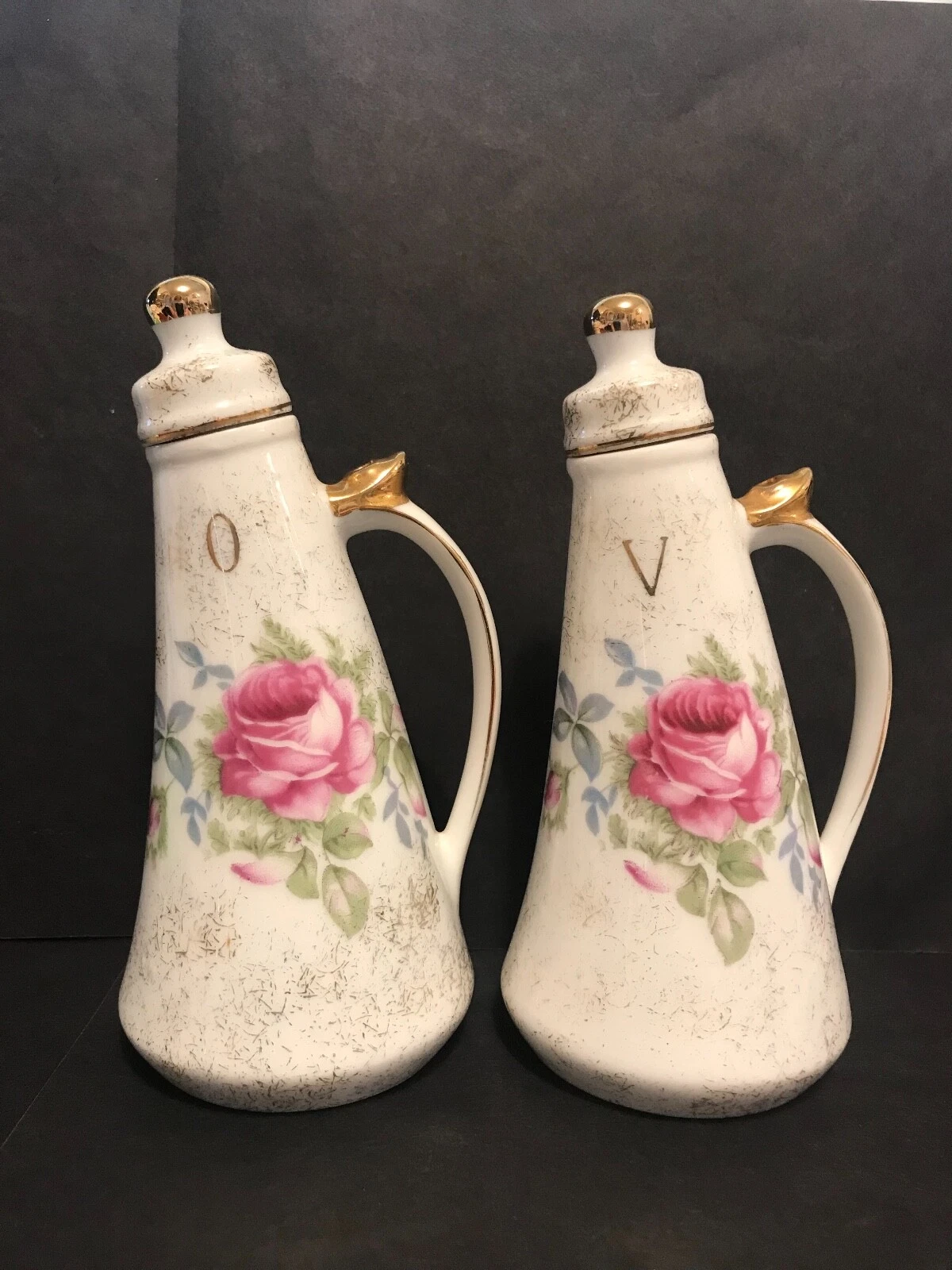 DRESDEN ROSE, NORCREST, RARE OIL & VINEGAR, MCM CRUETS, BOTTLES, WITH LIDS