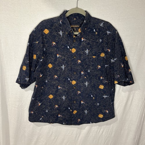 Woolrich, Vintage Woolrich Fly Fishing Lure Button Up Depth Map Print Shirt Men’s Medium
