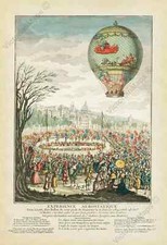 Stampa antica PALLONCINO ARIA CALDA SOPRA LIONE Montgolfier 1784 poster decorazione arte parete