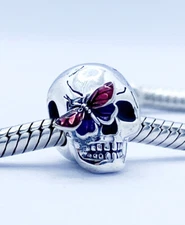 Skull Head Charm Bead Skeleton With Butterfly Genuine 925 Sterling Silver 💖
