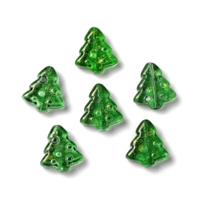 6 Christmas Tree Beads Green Glass Gold Foiled 16mm Holiday Jewelry Supplies Set