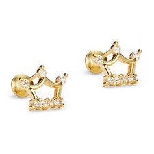 14k Yellow Gold Plated Silver Round Cubic Zirconia Baby Crown Girls Earrings