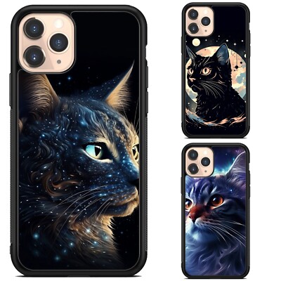 For iPhone 11 12 13 14 Pro Max Hard Black Case cartoon space cat galaxy