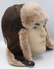 100% Sheepskin Shearling Leather Hat Trapper Ushanka Hunting M-3XL CHESTNUT BRWN