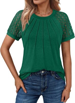 Women's Short Sleeve Lace Blouse Summer Casual Tops Lightweight Round Neck Shirt