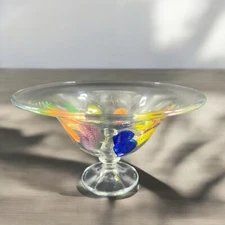 Dansk Burchetta Millefiori Leaf Design Art Glass Crystal Pedestal Bowl Dish VTG