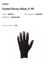 SHOWA  4540-09 Black Coated Gloves Size L (NEW) Qty-1  Free Same Day Shipping!