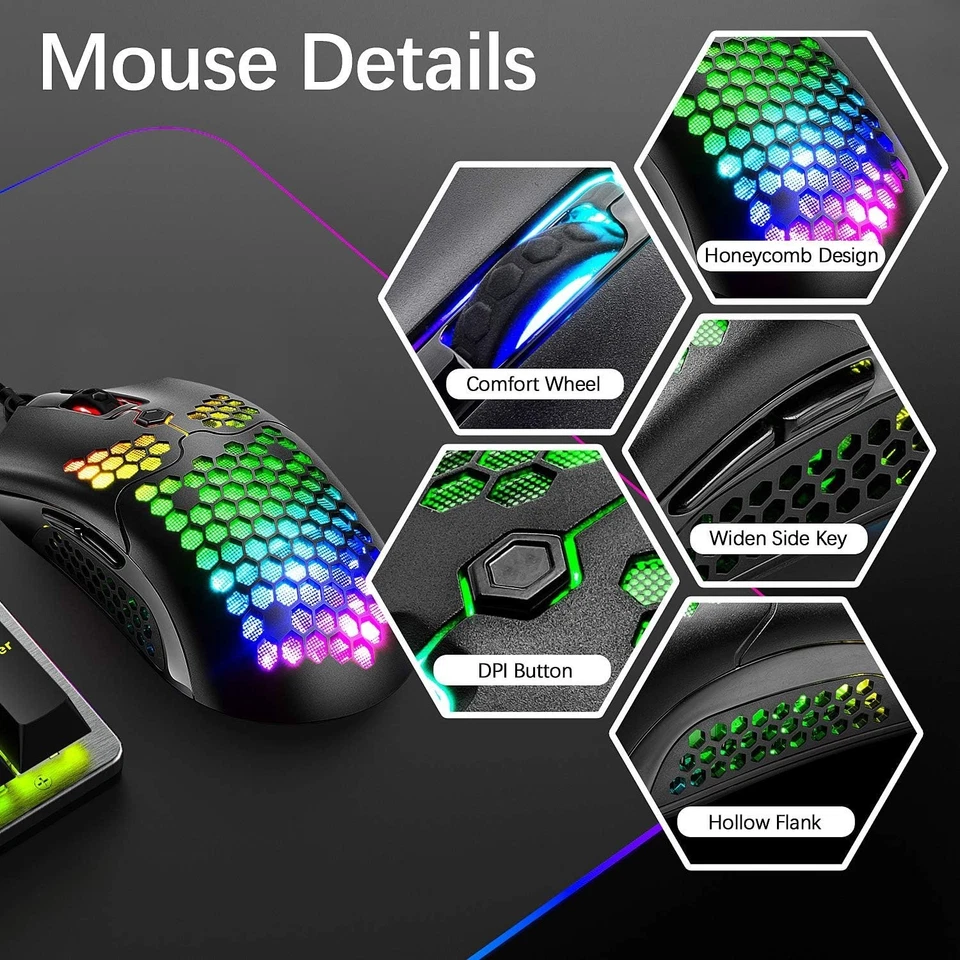 3 in 1 Wired Gaming Keyboard and Mouse Set,Rainbow LED Backlit,Mouse Pad,12K DPI - Image 4 of 4