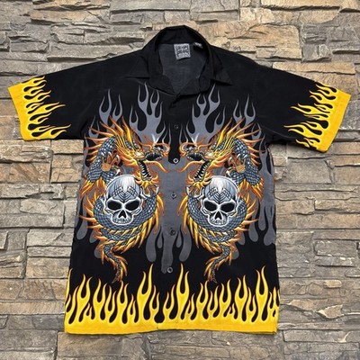 Vintage Y2K Authentic Shaolin Button Down Shirt Women s Small Flames Skull Black