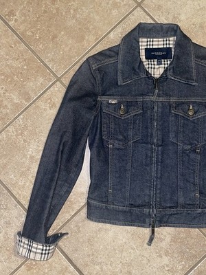 BURBERRY London Denim Jacket Sz 2 S Blue Nova Check Zip Moto