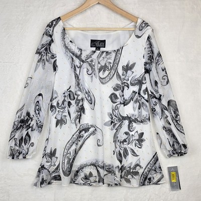 Alex Evenings Womens XL Black White Paisley Chiffon Blouse Gold Silver NWT