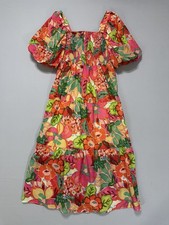 THML Watercolor Floral Tiered Midi Dress Medium puff short sleeve halter bodice