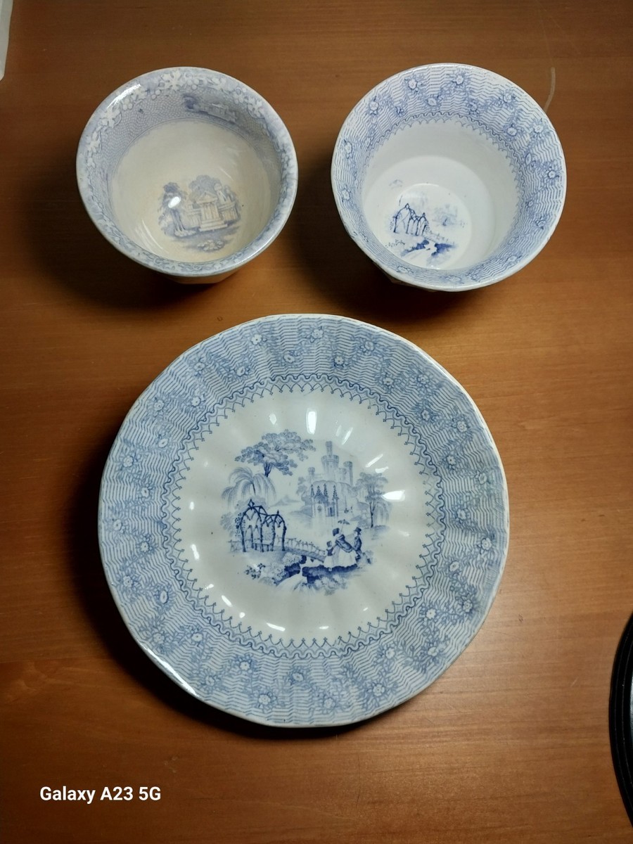 Antique 1840s J.G. Alcock Blantyre Blue Transferware 3-Piece Trio