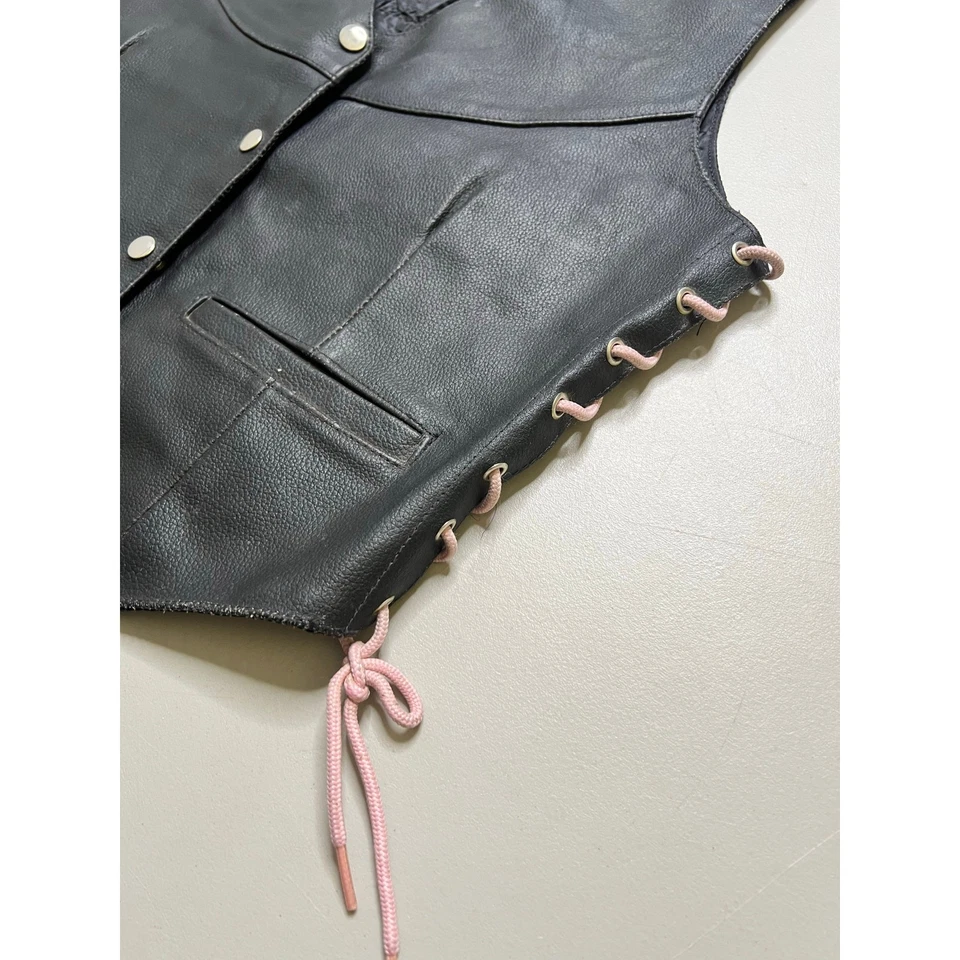 VTG Leather Biker Vest Snap Front Adjustable Laces Black Sleeveless Sz 2XL  - Bild 4 von 4