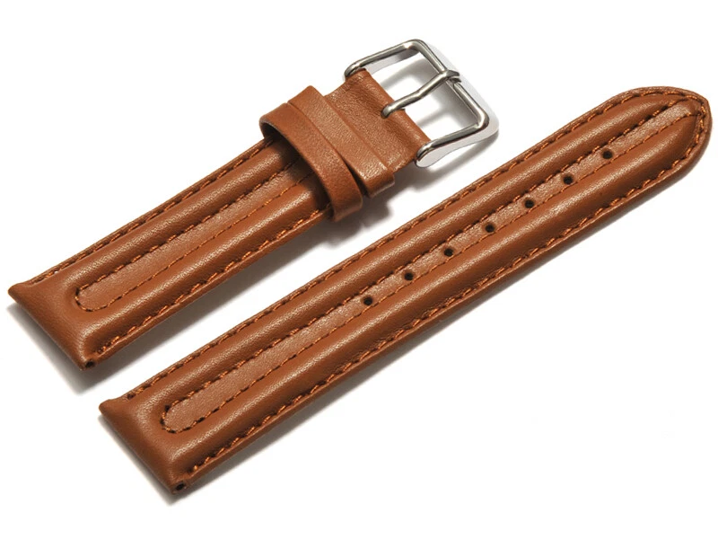 WATCHBAND BERLIN Bracelet montre cuir lisse - rembourrage double - marron clair 18,20,22 mm NEUF