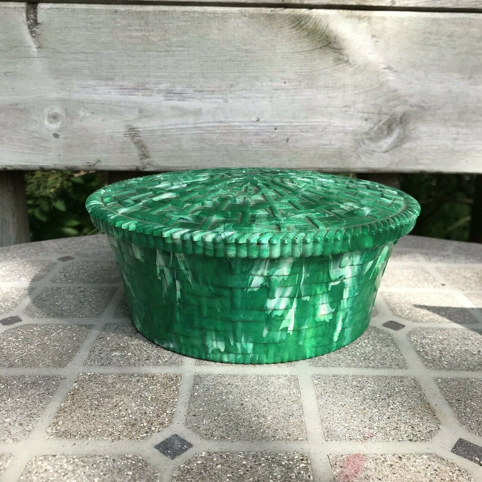 Hommer Mfg, Jade Marbleized Basket Weave Hard Plastic Sewing Basket Box