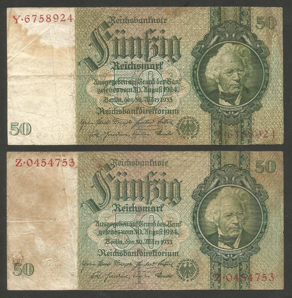 Germany 50 Mark 30.3.1933; VG, P-182a, L-B320a; G-DEU210a; Lot of 5 ...