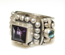 Boho Artistic Asymmetrical 925 Sterling Silver Multicolor Gemstone Beaded Ring