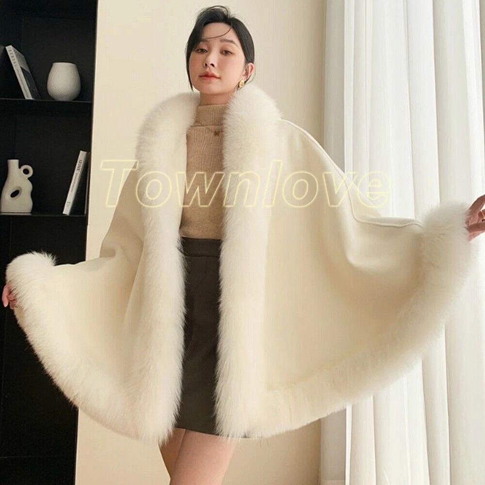 OFF WHITE 100% vera pelliccia di volpe scialle mantello lana poncho pelliccia cappotto giacca mantello cardigan