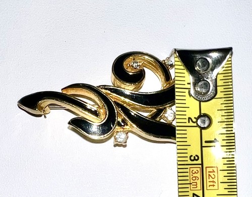 Vintage Polcini Brooch Pin Goldtone and Black Enamel With Rhinestones - Picture 7 of 7
