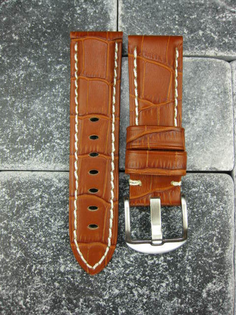 Bracelet De Montre En Cuir Grain Crocodile 24 Mm Marron Miel - Pour PANERAI, Neuf Sans étiquette