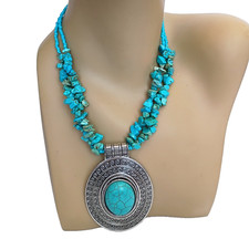 Faux Turquoise Seed Bead Pendant Necklace Earring Set Silvertone 2-Strand 17.50 