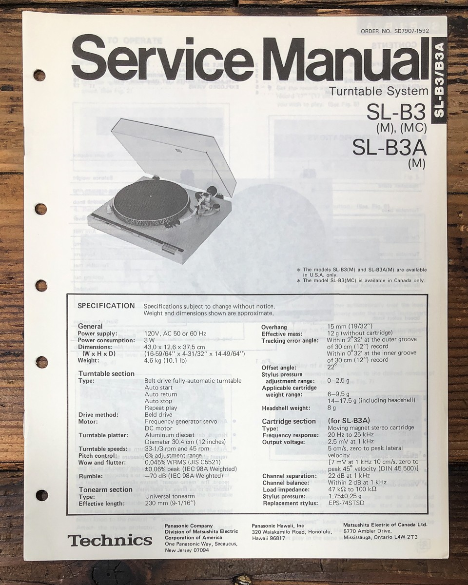 Technics SL-B3 SL-B3A Record Player / Turntable Service Manual *Original*