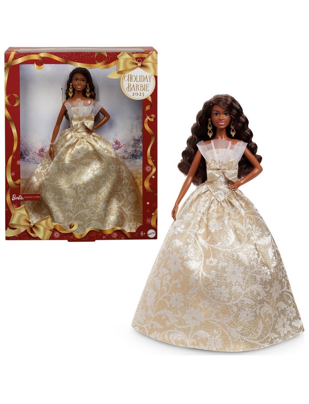 Mattel Signature 2025 Holiday Barbie Doll Black Hair Gold & Silver Gown NIB