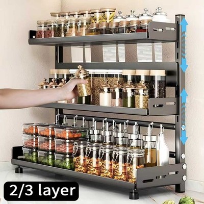 2/3 Tier Adjustable Spice Rack Organizer Black Metal Countertop Storage Shelf