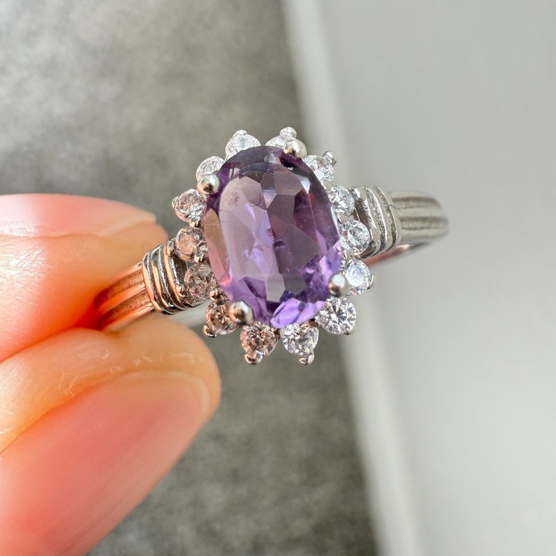 925 Sterling Silver Ring 7x5mm Natural Purple Amethyst Gemstone Zircon Flower