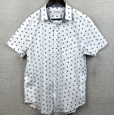 Essex Crossing Shirt Men's Large White Seersucker Short Sleeve Fan Print Casual