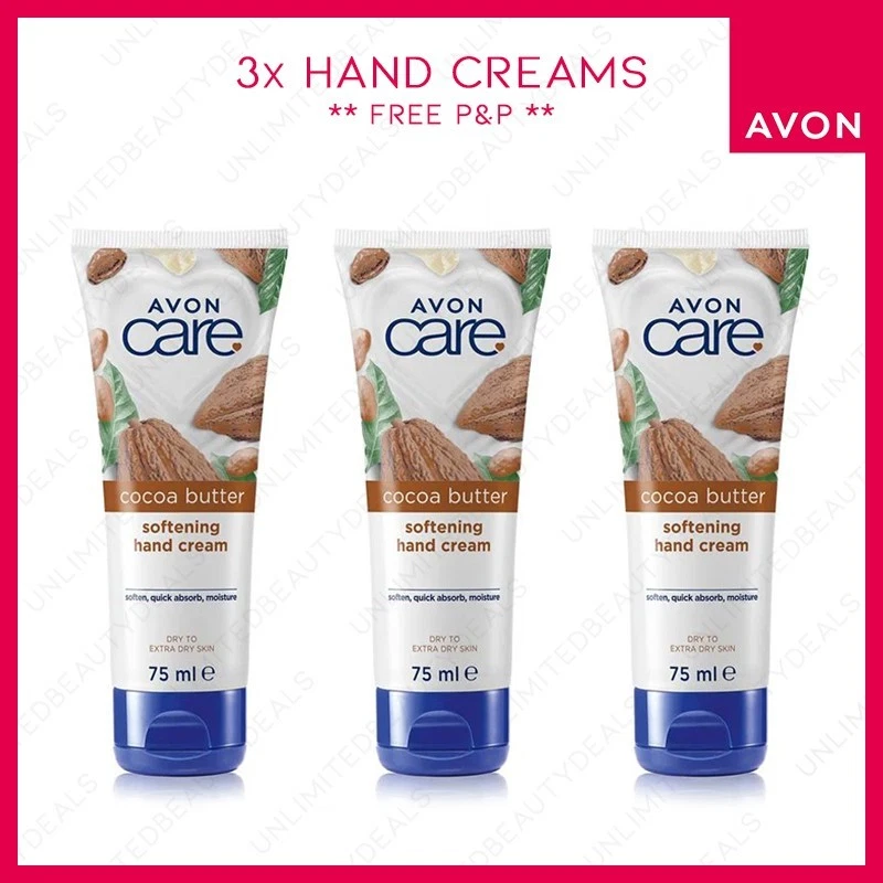 3x AVON COCOA BUTTER SOFTENING HAND CREAM - MOISTURISING + QUICK ABSORBING 75ml