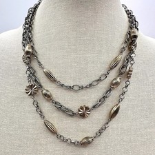 Vintage 80s Two Tone Statement Necklace Gold Silver Oval Flower Bead Retro