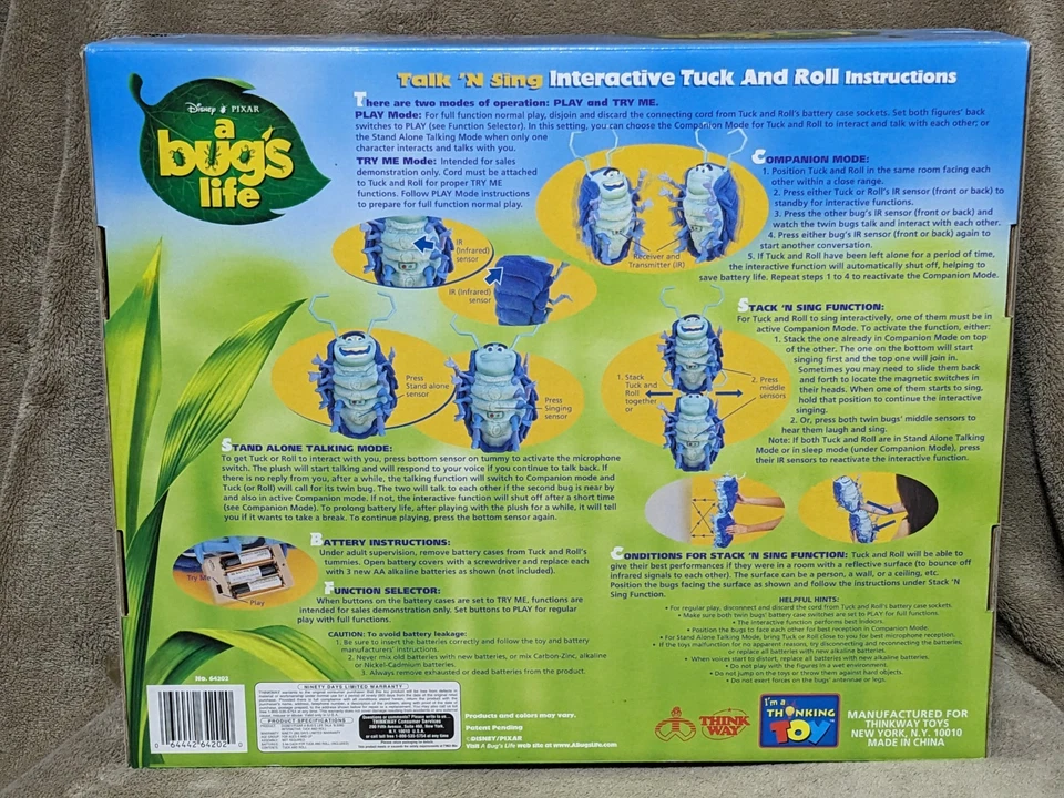 复古 A Bugs Life Talk N' SING 互动 Tuck and Roll Thinkway 玩具 全新! — 第 4/4 张图片