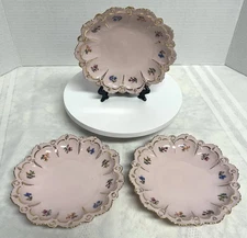 Vintage H&C Haas & Czjzek Bohemian Pink Porcelain Dessert Cake Plates Floral 24K