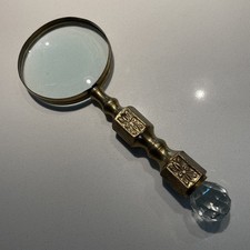 Vintage Hand Held Magnifying Glass W/ Solid Brass Handle With Crystal