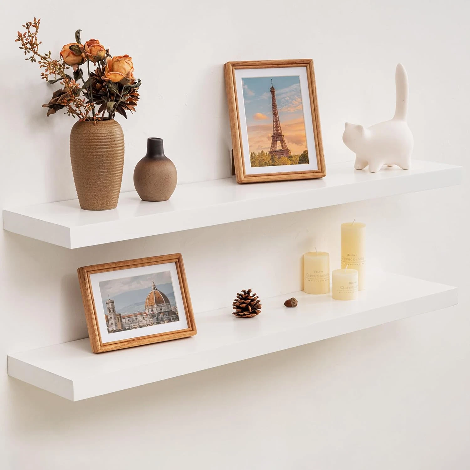 Rustic 36" Floating Shelves - Solid Pine Wood, Set of 2, White Finish