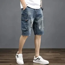 Enzo Mens Shorts Cargo Combat Work Shorts Pockets Knee Length Denim Half Pants