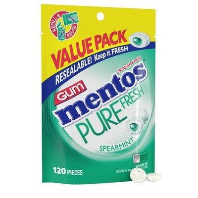 Mentos Pure Fresh Sugar-Free Spearmint Gum 120 Count Xylitol Resealable Bag