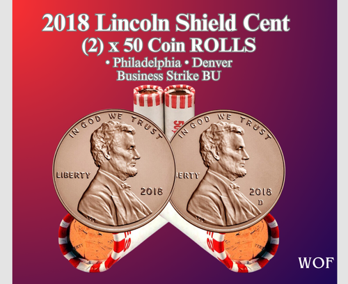 2018 P & D LINCOLN SHIELD CENT 2 ROLL SET NEW  BU 100 COIN UNSEARCHED * - Afbeelding 1 van 3