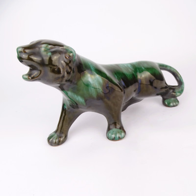 Vintage Keramik Panther Grün Glossy Glaze, Figurine, Ontario, 60er 70er 80er