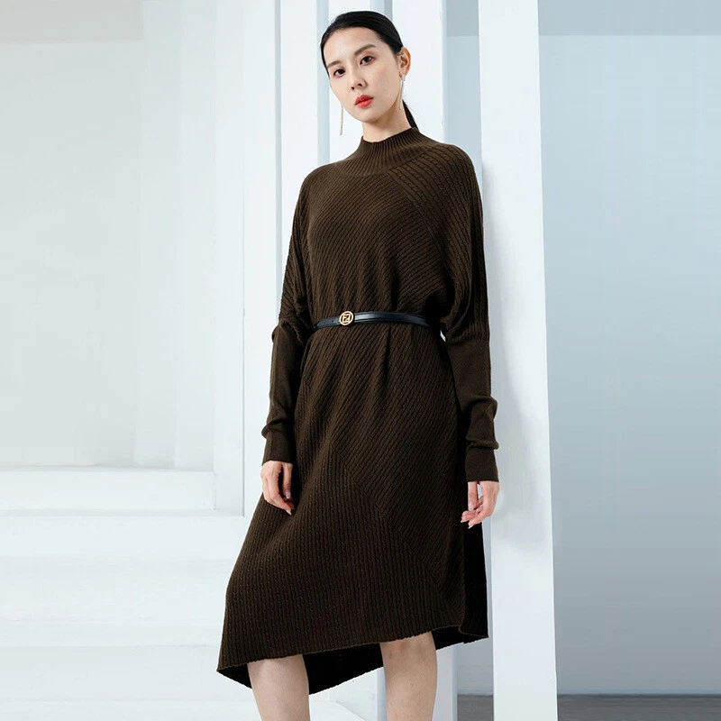 Vestido suéter tejido manga larga holgado para mujer falda línea A lana cachemir Foto 4 de 4