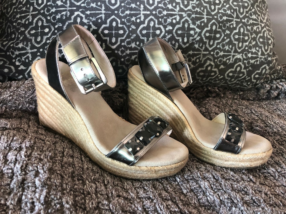 Michael Kors Jeweled Silver Metallic Strap Espadrille Wedge Sandal