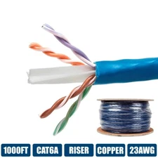 1000FT CAT6A Ethernet Network Cable UTP 10Gbps CMR Riser Solid Copper 23AWG Blue