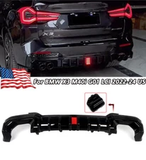 Rear Bumper Diffuser Lip W/LED Light Gloss Black For BMW X3 M40i G01 LCI 2022-24