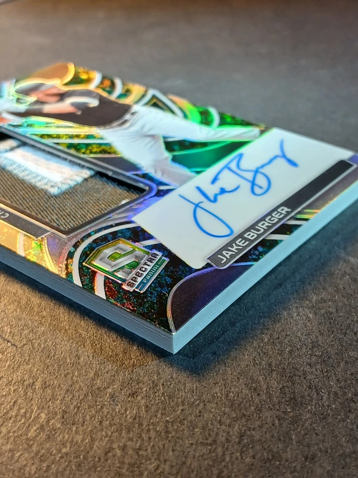 JAKE BURGER RC 2022 Panini Chronicles Spectra Neon Green Patch on card Auto /16  - Image 4 of 4