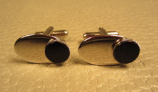 Vintage Onyx Offset Disk White Gold Plated Cuff Links