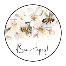 30 BEE HAPPY STICKERS ENVELOPE SEALS LABELS 1.5" ROUND FLORAL BEES