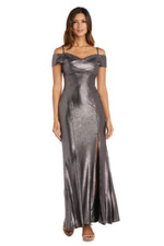 NWT Nightway Formal Evening Gown Size 8 Gunmetal Shimmer Off Shoulder 21761